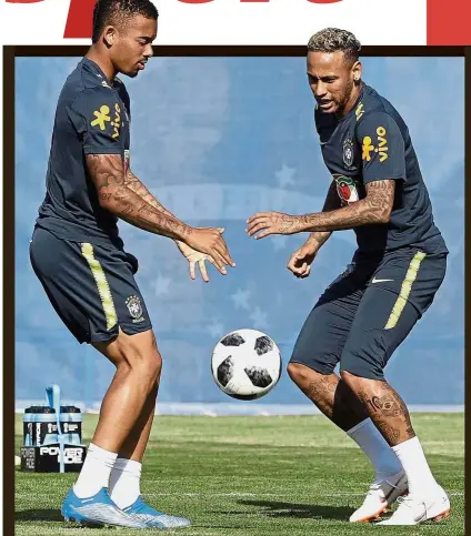  ?? — AP ?? This is how we samba: Brazil’s Neymar and Gabriel Jesus during a training session in Sochi on Sunday.