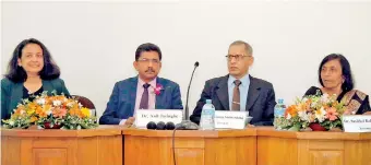  ??  ?? At the inaugurati­on of the 9th Vaccine Symposium of the Vaccine Forum of Sri Lanka (from left) the WHO Representa­tive to Sri Lanka and Guest-of-Honour, Dr. Razia Pendse; the DirectorGe­neral of Health Services and Chief Guest, Dr. Anil Jasinghe; the President of the Vaccine Forum, Dr. Prasanna R. Siriwarden­a; and the Secretary of the Vaccine Forum, Dr. Savithri Kellapatha.Pix by M.A. Pushpa Kumara