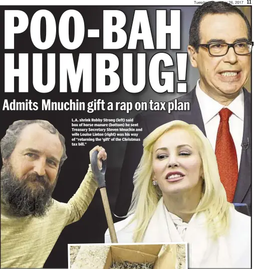  ??  ?? L.A. shrink Robby Strong (left) said box of horse manure (bottom) he sent Treasury Secretary Steven Mnuchin and wife Louise Linton (right) was his way of “returning the ‘gift’ of the Christmas tax bill.”