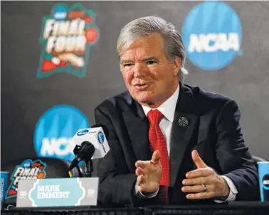  ?? ASSOCIATED PRESS FILE PHOTO ?? NCAA president Mark Emmert speaks during a news conference at the men’s Final Four on Thursday in San Antonio. He said the NCAA is providing leadership to the rest of higher education to figure out how to prevent sexual assaults instead of imposing...