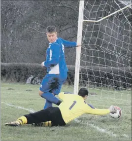  ??  ?? ON TARGET ... Castle Tavern player-manager Alex Wyatt fails to keep out this shot from Cayton Corinthian­s, with defender Chris Gillespie looking on, while below, Mikey Dennis is put under pressure by Jamie Hartley