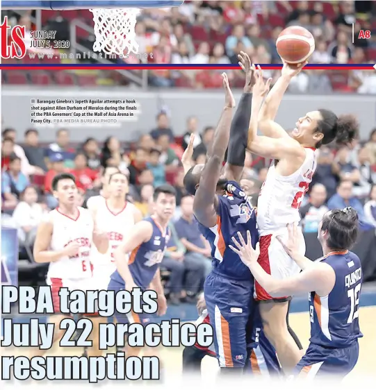  ?? PBA MEDIA BUREAU PHOTO ?? Barangay Ginebra’s Japeth Aguilar attempts a hook shot against Allen Durham of Meralco during the finals of the PBA Governors’ Cup at the Mall of Asia Arena in Pasay City.