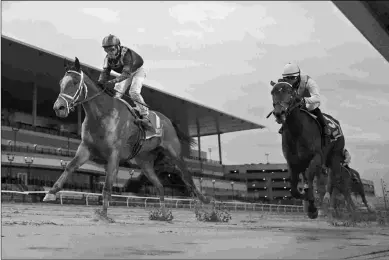  ?? BARBARA D. LIVINGSTON ?? Malathaat defeats Millefeuil­le to win the Demoiselle. Both fillies are by Curlin, as is third-place finisher Malibu Curl.