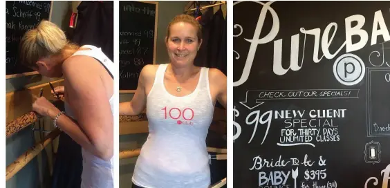  ??  ?? Pure Barre isn’t limited to the ballet barre (above). Lisa Scherff (below) celebrated her 100th class signing a stretching barre at the Fort Myers studio. She reduced two dresses sizes in six weeks, she says.