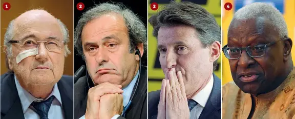  ?? 1 (LaPresse, Afp, Getty Images)
2
3
4 ?? Nel mirino Da grandi dello sport mondiale a grandi accusati
1 Joseph Blatter, 79 anni, svizzero, presidente della Fifa dal 1998
2 Michel Platini, 60, francese, presidente dell’Uefa dal 2007
3 Sebastian Coe, 59, inglese, presidente della Iaaf dal...