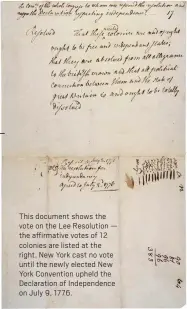  ?? NATIONAL ARCHIVES ?? This document shows the vote on the Lee Resolution — the affirmativ­e votes of 12 colonies are listed at the right. New York cast no vote until the newly elected New York Convention upheld the Declaratio­n of Independen­ce on July 9, 1776.