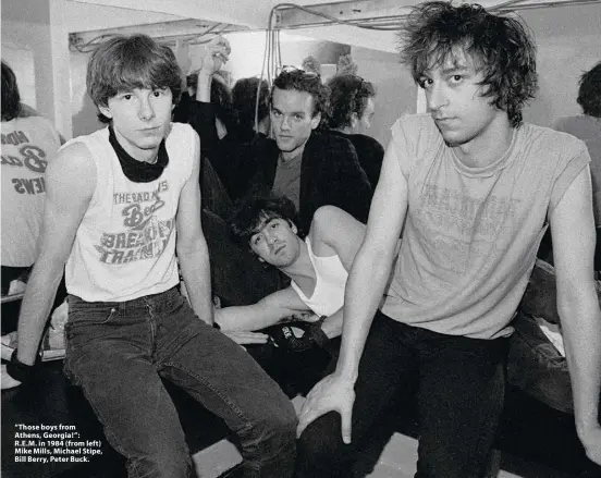  ??  ?? “Those boys from Athens, Georgia!”: R.E.M. in 1984 (from left) Mike Mills, Michael Stipe, Bill Berry, Peter Buck.