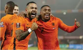  ?? ?? Memphis Depay (left) and Steven Bergwijn celebrate after Depay’s goal put the Netherland­s 2-0 ahead against Norway. Photograph: Maurice van Steen/EPA