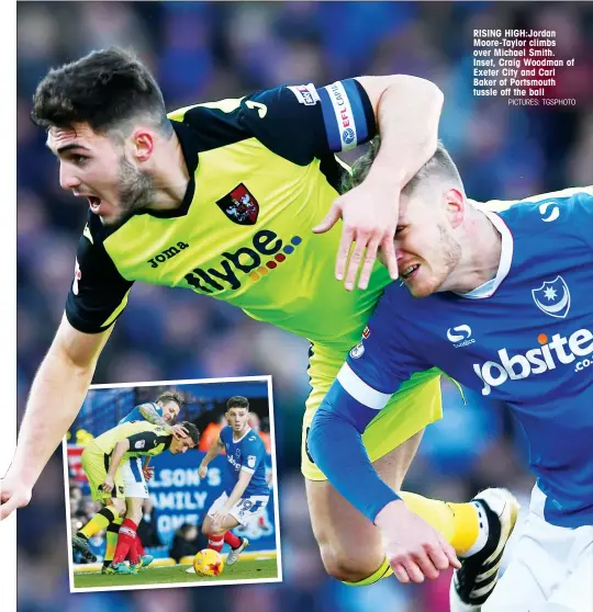  ?? PICTURES: TGSPHOTO ?? RISING HIGH:Jordan Moore-Taylor climbs over Michael Smith. Inset, Craig Woodman of Exeter City and Carl Baker of Portsmouth tussle off the ball