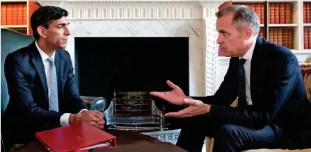  ??  ?? Teamwork: Rishi Sunak and Mark Carney discuss their economic plans in Downing Street yesterday