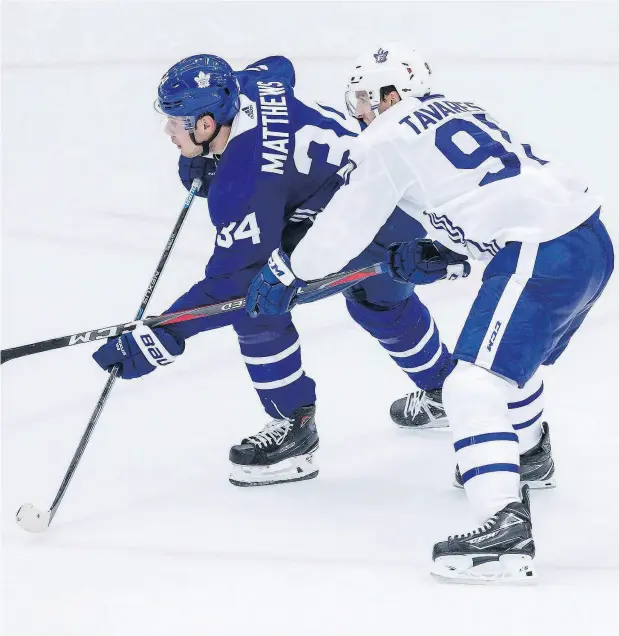  ?? AARON LYNETT / THE CANADIAN PRESS ?? It may have been Day 1 of training camp Friday, but Auston Matthews and John Tavares lived up to the hype of what lies ahead for the Maple Leafs.