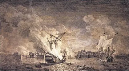  ?? MARITIME MUSEUM OF THE ATLANTIC ?? This engraving shows the British burning of the warship Prudent and capturing of the warship Bienfaisan­t during the siege of Louisbourg. Prudent was one of four giant warships sunk in the siege and their destructio­n sealed the fate of the fortress.