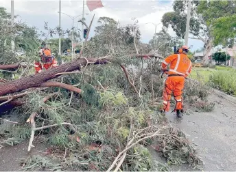  ?? — AFP photo ?? A handout photo by the Victoria State Emergency Service (VICSES) shows SES crews cleaning up storm damage in Melbourne.