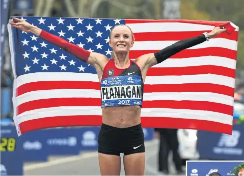  ??  ?? Shalane Flanagan celebrates after the 2017 TCS New York City Marathon on Nov 5.