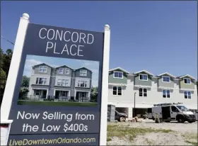  ?? JOHN RAOUX - ASSOCIATED PRESS ?? In this April 16 file photo, new condos under constructi­on are being built in vacant lots in a neighborho­od near downtown Orlando, Fla.