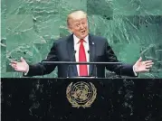  ?? [AP PHOTO] ?? President Donald Trump addresses the 73rd session of the United Nations General Assembly on Tuesday at U.N. headquarte­rs.