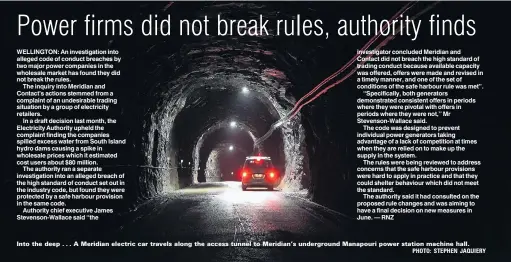  ??  ?? Into the deep . . . A Meridian electric car travels along the access tunnel to Meridian’s undergroun­d Manapouri power station machine hall.
PHOTO: STEPHEN JAQUIERY