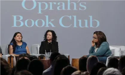  ??  ?? Oprah Winfrey during the recording with Jeanine Cummins (centre) and Reyna Grande. Photograph: Karen Ballard/AP