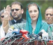  ??  ?? MARYAM NAWAZ addresses journalist­s in Islamabad. The premier’s daughter is accused of falsifying documents related to two offshore companies.