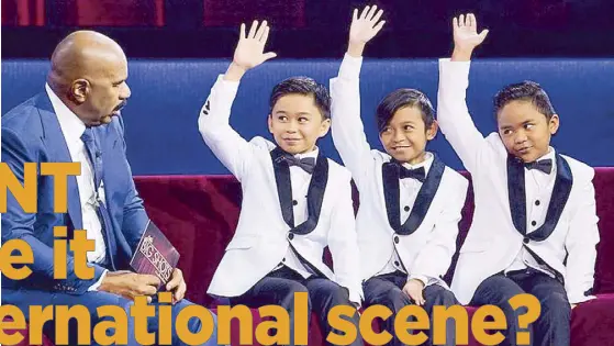 ??  ?? The Tawag Ng Tanghalan (TNT) Boys with host Steve Harvey during their guest appearance on Little Big Shots USA, from left: Mackie Empuerto, Kiefer Sanchez and Francis Concepcion and (below) Kiefer, Francis and Mackie during the interview with The STAR
