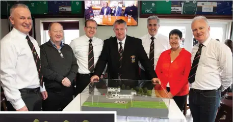  ??  ?? ABOVE: Graham Burligh, Cllr Gail Dunne, Brian Clarke, Club President Bert Nicholson, Duncan Duke, Anne Morrisey and Mike Farrell at the launch of the Wicklow Rugby Club Developmen­t Plan. LEFT: An artist’s impression of the newly extended clubhouse.