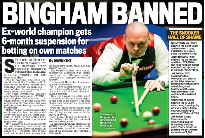  ?? GETTY IMAGES ?? Snookered: Bingham is now banned until the New Year