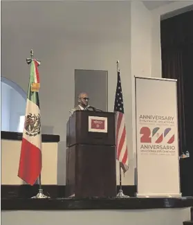  ?? ELIZABETH MAYORAL CORPUS PHOTO ?? Mario Beltran Mainero, Community Affairs Consul for the Mexican Consulate in Calexico, spoke during the the celebratio­n of the Bicentenni­al of Diplomatic Relations Between Mexico and the United States at Rodney Auditorium on Monday, December 12, at San Diego State University Imperial Valley campus in Calexico.