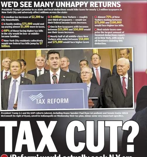  ??  ?? President Trump (r.) and his GOP cohorts (above), including House Speaker Paul Ryan (at podium) and Senate leader Mitch McConnell (to right of Ryan), unveil in Indianapol­is on Wednesday their tax plan, minus some very important specifics.