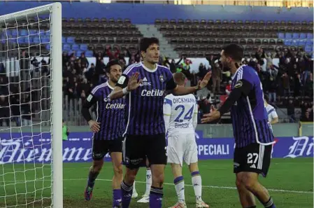  ?? (LaPresse) ?? Rimpianti L’esultanza di Moreo dopo il gol del momentaneo vantaggio con il Brescia