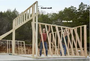  ??  ?? Front wall Side wall2. BUILD AND STAND THE WALLSStand and brace the front wall. Then build the side walls and stand them up. Nail the corners together. Then anchor the walls with concrete anchors, making sure to keep the bottom plates aligned with the chalk line.