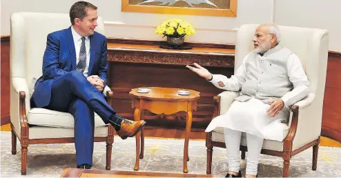  ?? TWITTER.COM / NARENDRAMO­DI ?? Conservati­ve Party Leader Andrew Scheer meets with Indian Prime Minister Narendra Modi in New Delhi on Tuesday. Scheer said he received a warm reception from Modi, and added he was making a “serious effort” to improve relations with that part of the world.