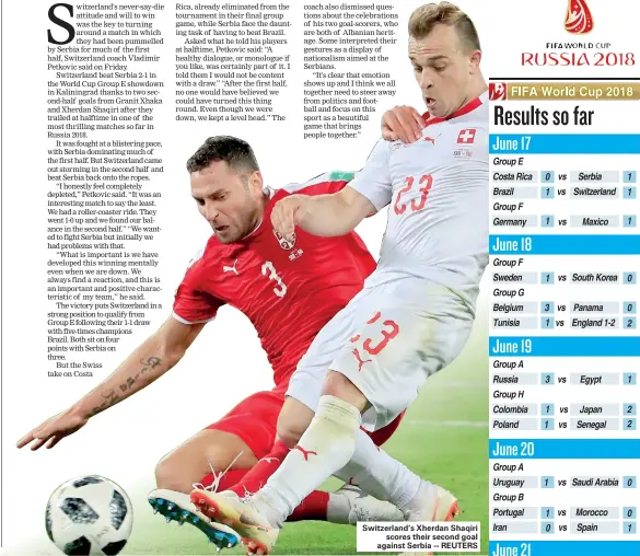  ??  ?? Switzerlan­d’s Xherdan Shaqiri scores their second goal against Serbia -- REUTERS