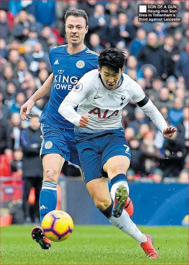  ??  ?? SON OF A GUN: Heung-min Son fires in Tottenham’s third against Leicester