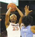  ?? Ryan M. Kelly / Getty Images 2019 ?? Virginia’s Mamadi Diakite is a proven shotblocke­r, but his limited offensive skill set may hold him back.