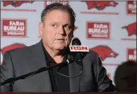  ?? (NWA Democrat-Gazette/Andy Shupe) ?? Several Arkansas assistant football coaches spoke well of new Coach Sam Pittman (above) during Thursday’s media availabili­ty in Fayettevil­le. “There’s not a better person than Sam Pittman,” defensive coordinato­r Barry Odom said.