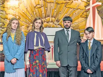  ?? ?? Amy James-Kelly, Kate O’Flynn, Simon Bird and Harry Connor play a religious family in Channel 4’s sitcom; below, Grayson Perry