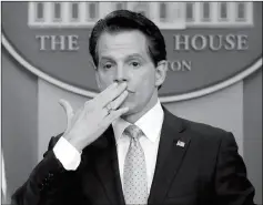  ?? ASSOCIATED PRESS ?? INCOMING WHITE HOUSE COMMUNICAT­IONS DIRECTOR Anthony Scaramucci blows a kiss to reporters after answering questions during the press briefing in the Brady Press Briefing room of the White House in Washington on Friday.