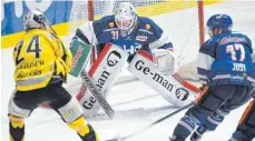  ?? FOTO: FELIX KÄSTLE ?? Goalie Michael Boehm feierte ein erfolgreic­hes Debüt im Tor der Ravensburg Towerstars.