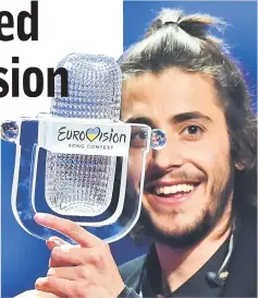  ??  ?? Sobral holds the trophy as he celebrates on stage after winning the 62nd edition of the Eurovision Song Contest 2017 Grand Final at the Internatio­nal Exhibition Centre in Kiev, on Saturday. (Below right) Sobral gestures as he leaves with his sister...