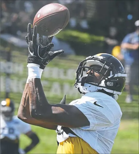  ??  ?? Journeyman receiver Justin Hunter is with his fourth team in five years, but injuries in training camp could give him a chance to land a roster spot with the Steelers.