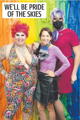  ??  ?? Virgin chief executive Jayne Hrdlicka with drag queens Maxi Shield and Penny Tration ahead of the airline’s first Pride Flight from Brisbane to Sydney. Picture: NCA NewsWire