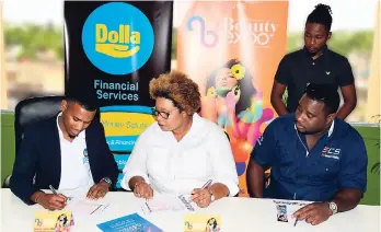  ??  ?? From left: Kadeen Mairs, CEO of Dolla Financial Services, inks the sponsorshi­p contract under the watchful eyes of Suzette Brown, Expo Coordinato­r; Kadeem Jennings, director; and Ricardo Richards (standing), Director.