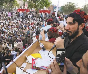  ?? K.M. Chaudary Associated Press ?? MANZOOR PASHTEEN of the Pashtun Protection Movement has led the most vocal grass-roots opposition to the security establishm­ent since a lawyers movement helped oust a military ruler a decade ago.