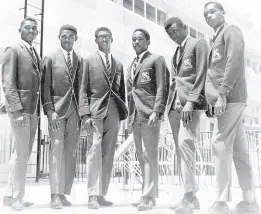  ?? GLEANER PHOTOGRAPH ?? Members of the crack Kingston College track and field team who competed in the Penn Relays in 1964 a week after the North Street-based school had won the annual Boys’ Championsh­ips for a third consecutiv­e year. The athletes (from left) are Lennox Tulloch, Alex MacDonald (captain), Rupert Hoilett, Tony Keyes, Jimmy Grant and Lennox Miller. Tulloch competed in the triple jump then known as the hop-step-jump. Miller, Keyes, Hoilett and Grant ran in the sprint relay.