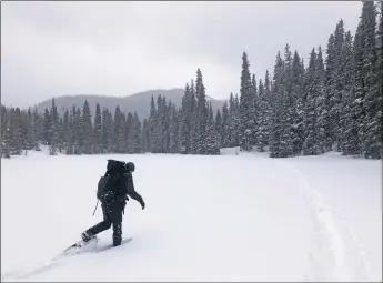  ?? MORGAN TIMMS/Taos News ?? Calvin Kolar snowshoes Bull of the Woods trail Sunday (Jan. 24) at Taos Ski Valley.