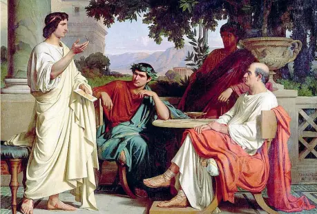  ??  ?? Orazio, Virgilio e Vario nella casa di Mecenate, un’opera del pittore francese Charles Jalabert (1819-1901) conservata al Musée des Beaux-arts di Nîmes