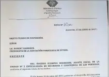  ??  ?? Encabezado de la nota remitida ayer por la Fiscalía a la APF, pidiendo penitencia para las barras del Ciclón.