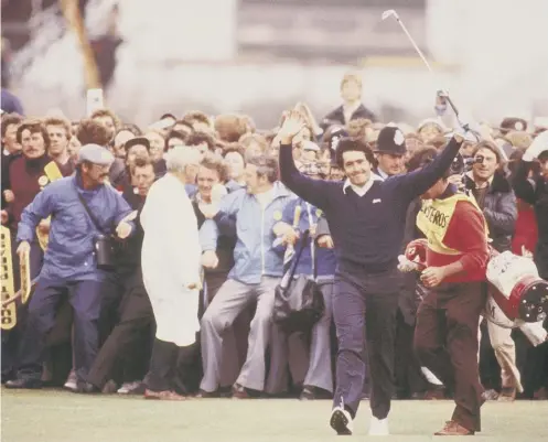  ??  ?? 0 Seve Ballestero­s celebrates on the 18th fairway on his way to his first Open victory at Royal Lytham St Annes in 1979