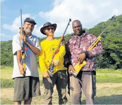  ?? CONTRIBUTE­D ?? (From left) David Rickman, Denis Lee and Patrick Thompson emerged as the top shooters at the Jamaica Rifle Associatio­n’s (JRA) National Full Bore Rifle Championsh­ips, which wrapped up on Sunday at the Jamaica Defence Force Range in Twickenham Park, St Catherine. Lee scored 236.11 points to win the Grand Aggregate as the best overall shooter and to top the O Class for intermedia­te shooters. Rickman won the X Class for master shooters and was second in the Grand Aggregate, while Thompson won the T Class for beginners and was sixth in the Grand Aggregate.