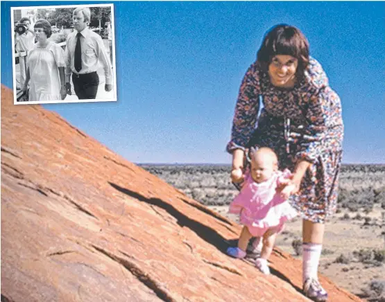  ??  ?? SENSATIONA­L STORY: Lindy and Azaria Chamberlai­n at Uluru and (inset above) Lindy and Michael Chamberlai­n enter the Supreme Court in Darwin and (below) the matinee jacket worn by baby Azaria Chamberlai­n the night she disappeare­d in 1980.